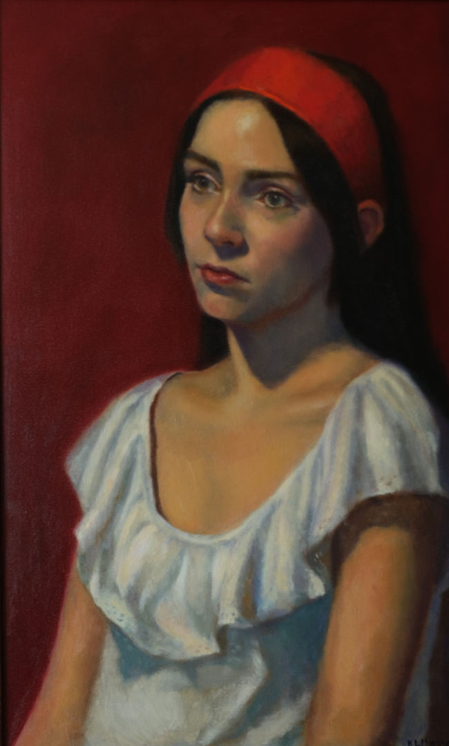 Russian Daughter by Kathleen Moore. Oil on Canvas portrait. 26 x 16 inches.