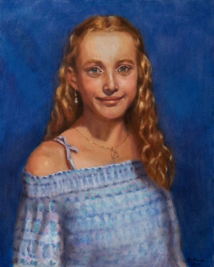 Samantha by Kathleen Moore. Oil on Linen portrait. 20 x 16 inches. Private Collection.