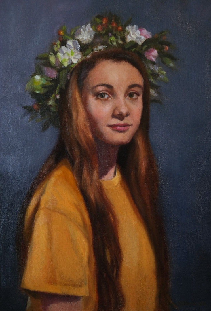 Angelina by Kathleen Moore. Oil on Linen portrait. 32 x 16 inches.