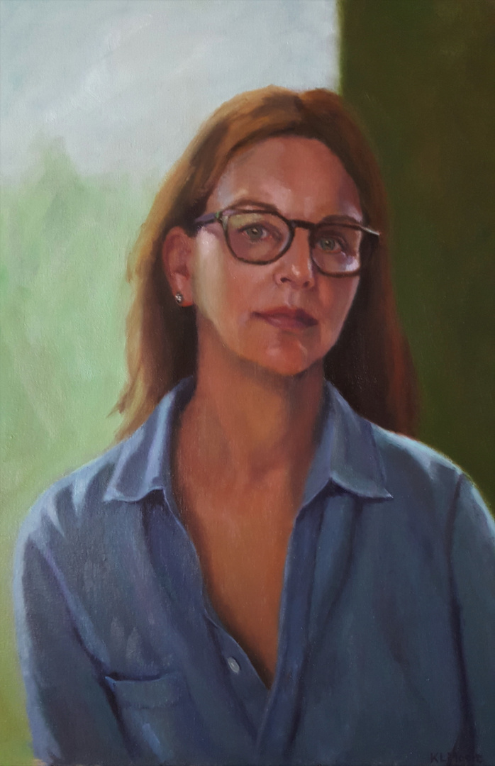 Self Portrait in North Light by Kathleen Moore. Oil on Linen portrait. 25 x 18 inches. Private Collection.
