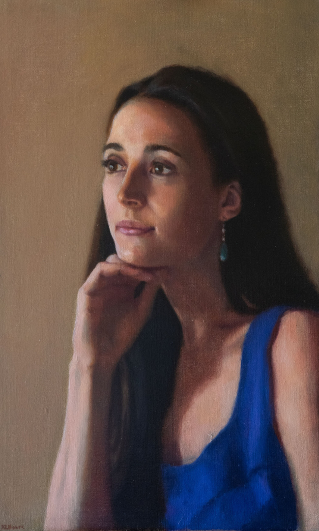 Reverie by Kathleen Moore. Oil on Linen portrait. 20 x 12 inches.